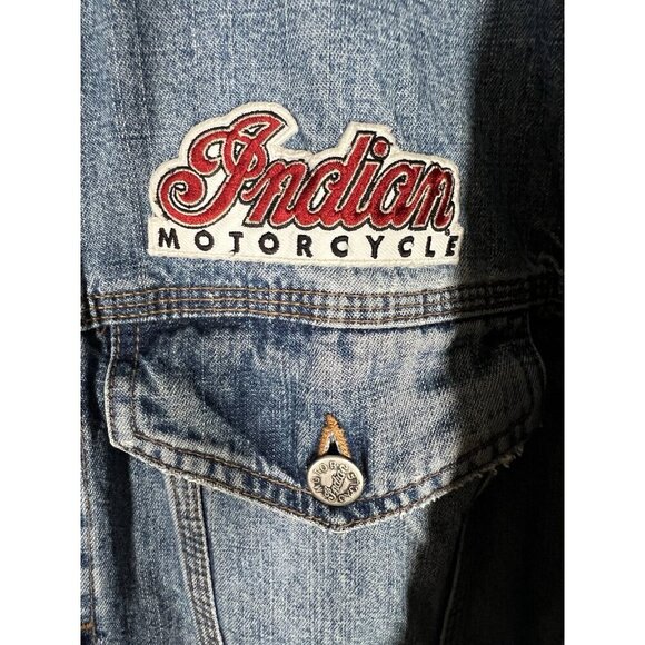 Vintage Indian Motorcycle oversized biker denim jacket embroidered sz L patches - Picture 7 of 16